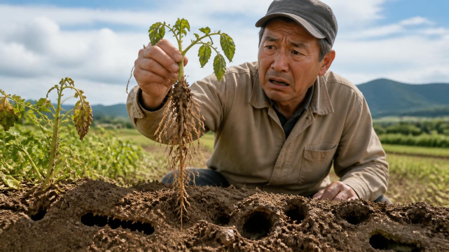 モグラのトンネルで作物の根が浮き乾いて枯れる|畑で根の浮いた苗を手に取り確認する住人1人