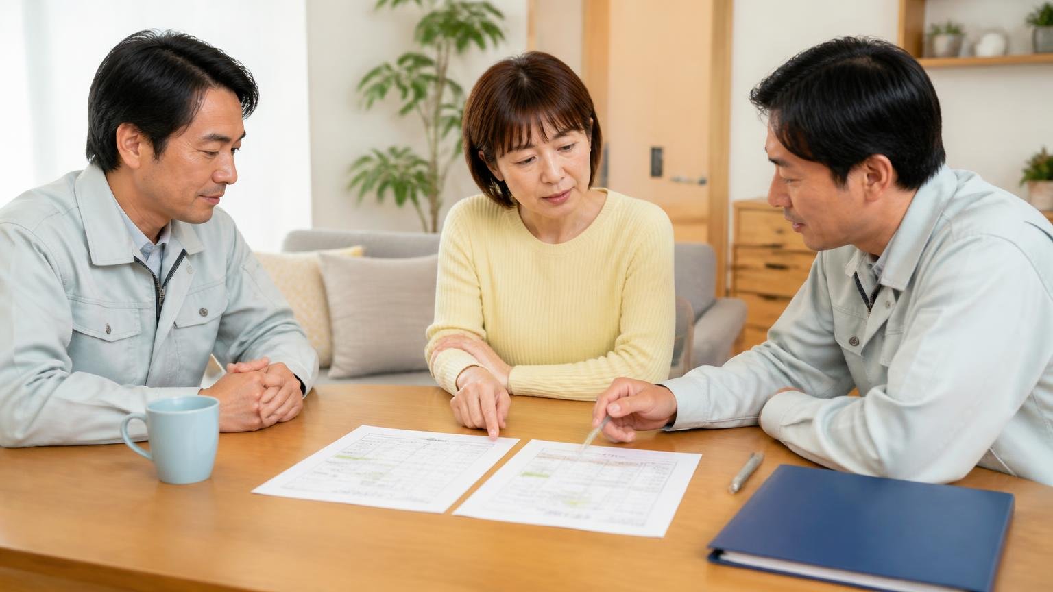 公的機関も複数社から見積もりをと呼びかける。リビングで作業員と打ち合わせする女性1人が見積書を2枚並べて見比べる