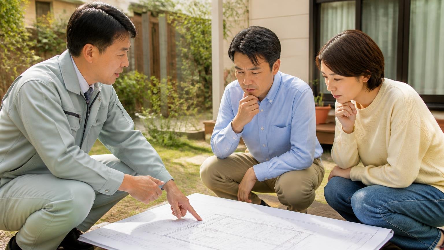まずは無料の現地調査だけ受けてみる、住宅の庭で作業服の担当者と打ち合わせ、2人、図面を広げて説明を受ける