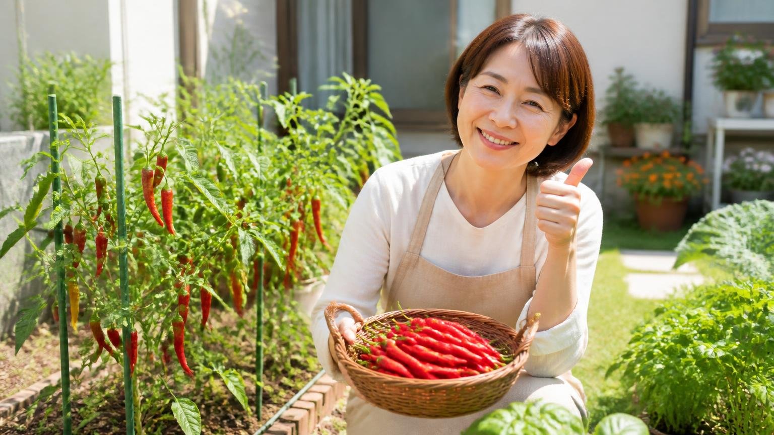 唐辛子で粘る価値がある人5つの条件、小さな家庭菜園の前で女性1人が明るい表情でうなずく