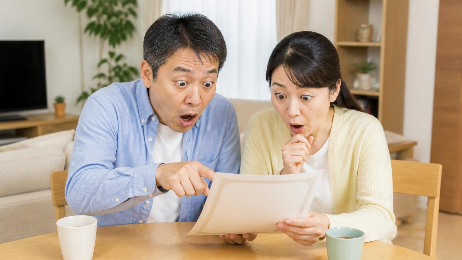 保証年数は害獣の種類で変わる。リビングのテーブルで夫婦2人が保証書を指さし目を丸くする