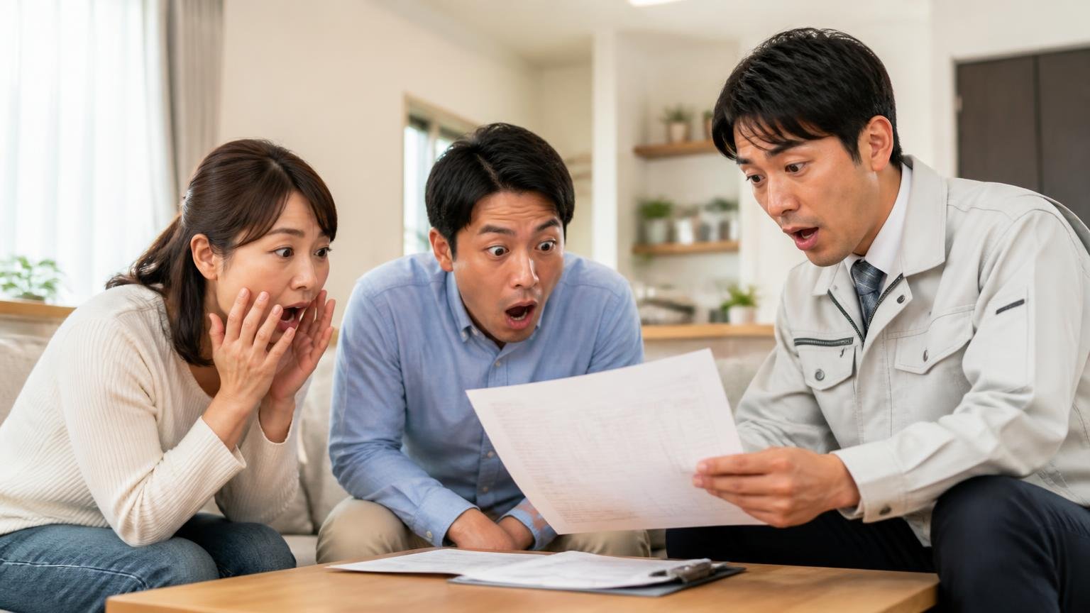 同じ駆除でも見積額はここまで違う リビングで作業員と打ち合わせ 住人2人と作業員1人が見積書を前に驚く