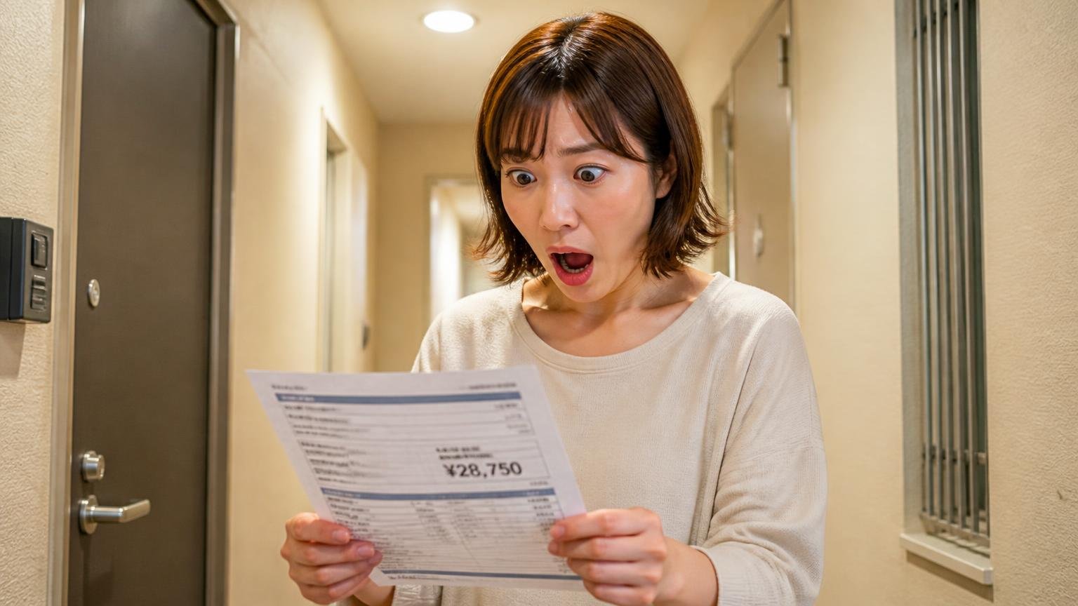 電話の安い数字だけで決めて驚く。住宅の廊下で住人女性1人が請求書を見て絶句する