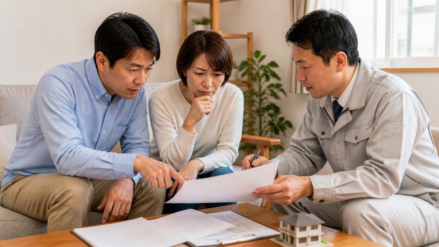 見積書の確認項目 リビングで作業員と見積書を見ながら打ち合わせる住人2人 指さして質問する