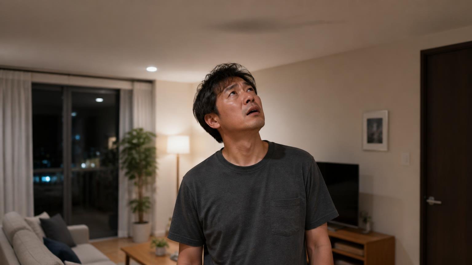 業者に頼んだのにまた音がした実例。夜のリビングで男性1人が天井を見上げ落胆した表情を浮かべる
