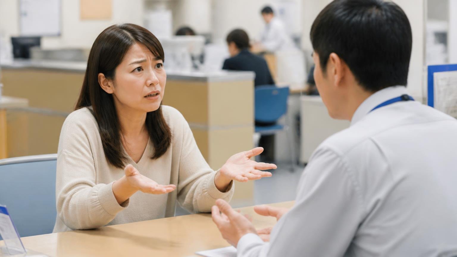 自治体はコウモリを駆除してくれない|市役所の相談窓口カウンター|女性1人が職員に相談して困った表情