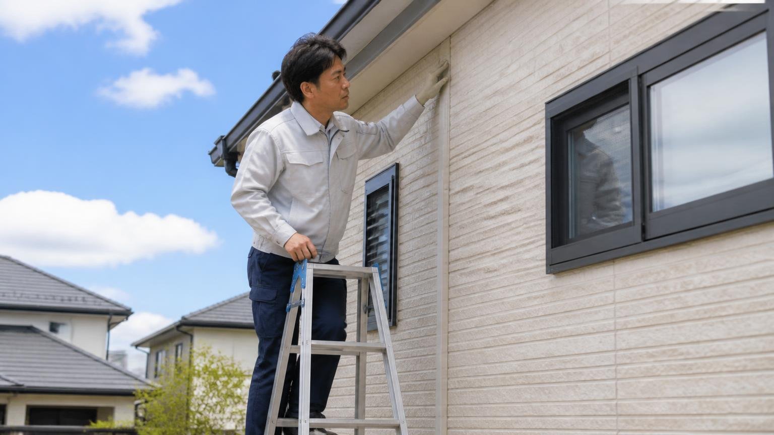 自分でやれるのはこの4つがそろったとき|戸建ての外壁まわりで男性1人が脚立の上で慎重に点検