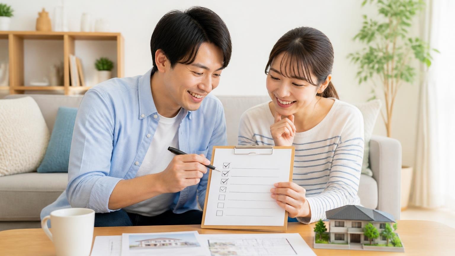 向いている家の条件を確認する場面。明るいリビングでチェックリストに印をつける30代夫婦が笑顔になる