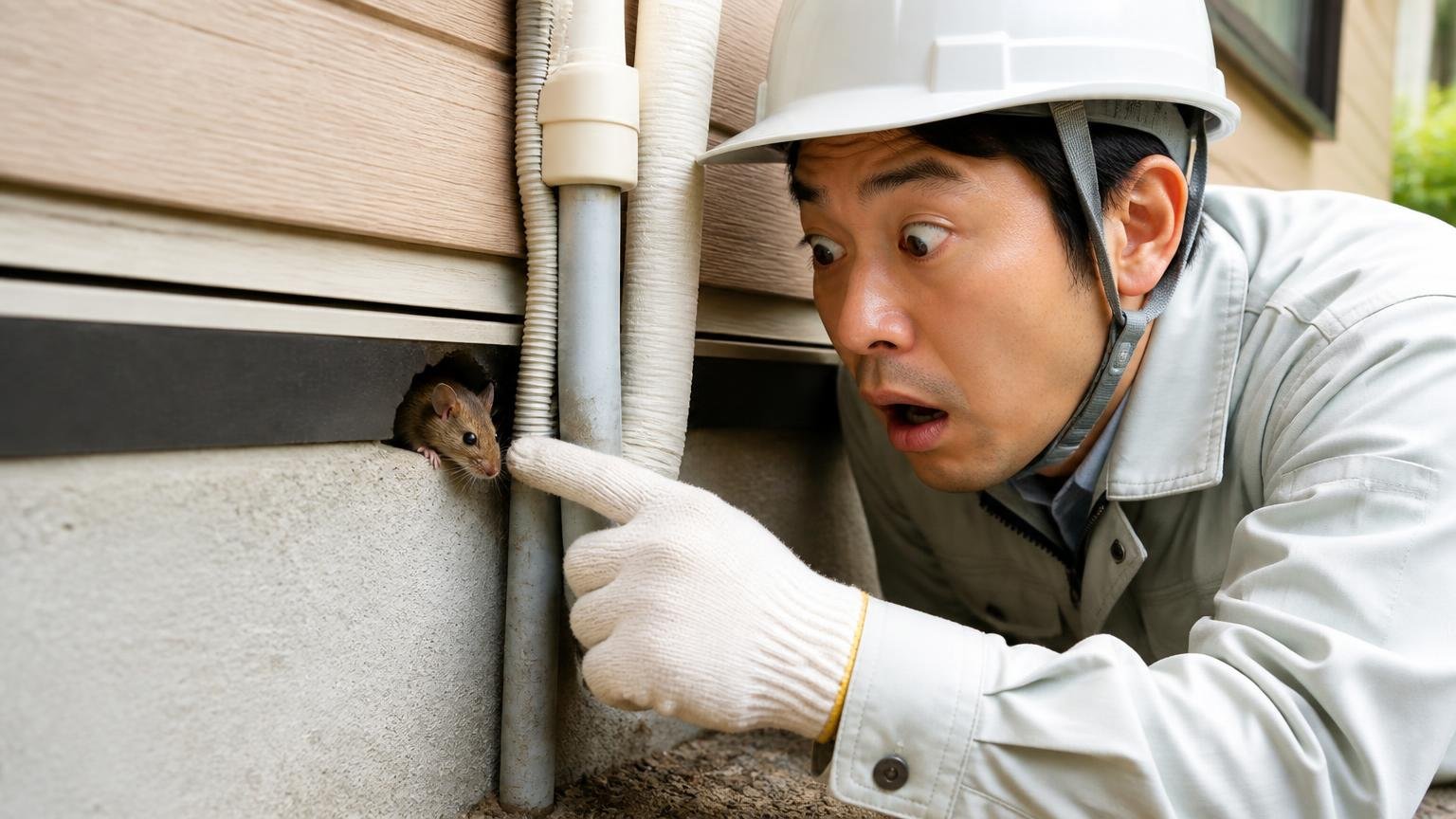 ネズミは1.2cmのすき間から入る 木造住宅の外壁で配管まわりのすき間に指を当てて確認する作業員が驚く