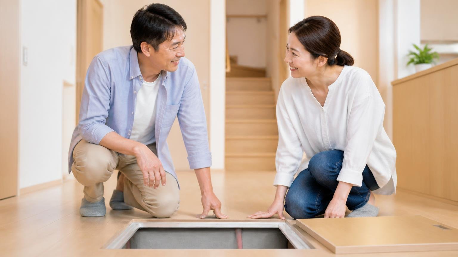 初期段階で通り道が絞れている家 木造戸建ての床下点検口の前で夫婦2人が笑顔でうなずき合う