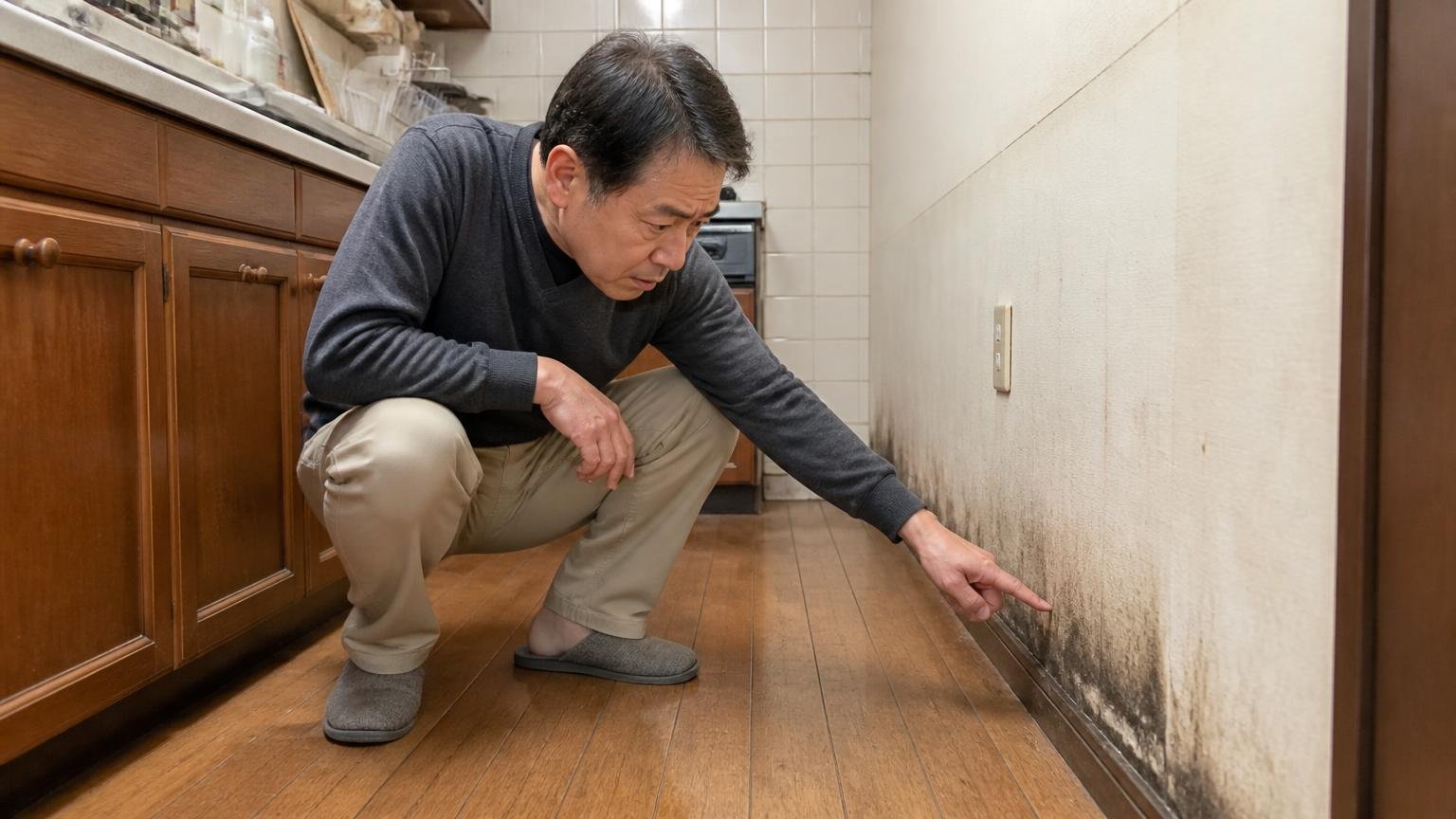毒餌は壁際と通り道に置く 住宅の台所の壁際 住人1人 しゃがんで壁沿いの黒い汚れを確認する
