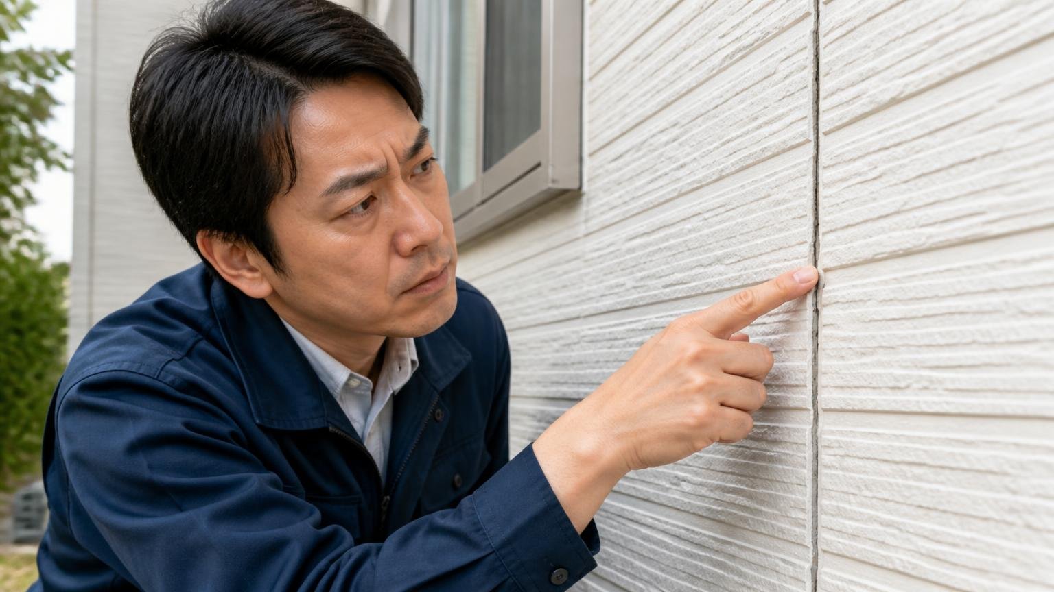 買い足す前にこの順番で確かめる 住宅の外壁まわりで点検 男性1人 隙間を指さし確認する