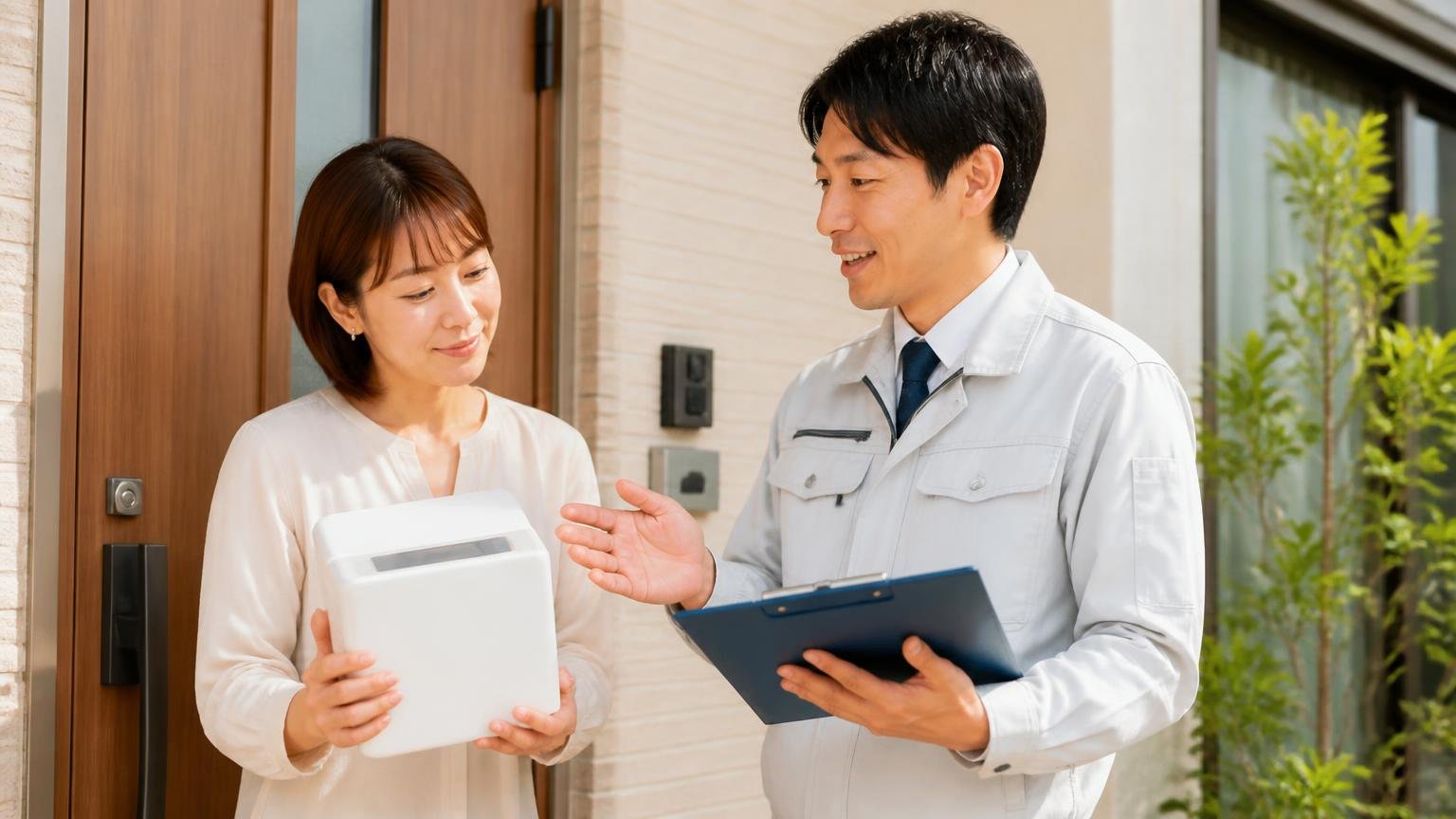 向いている人の条件。住宅の玄関先で商品を手にうなずく30代女性と隣で説明する作業員