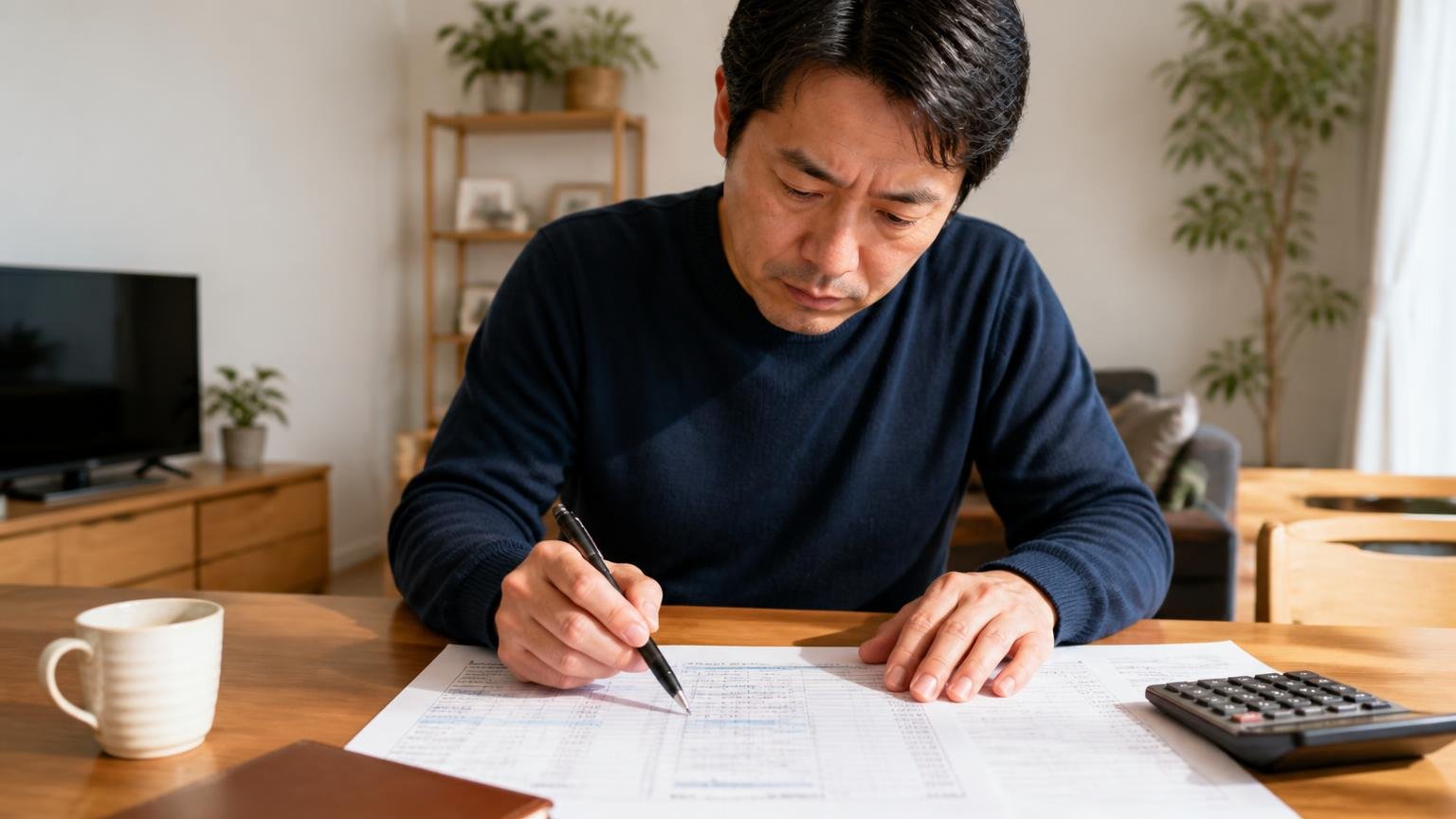 見積書は総額ではなく項目で読む 木造戸建てのダイニングテーブルで見積書に線を引く 40代男性1人 ペンを持って真剣に読み込む