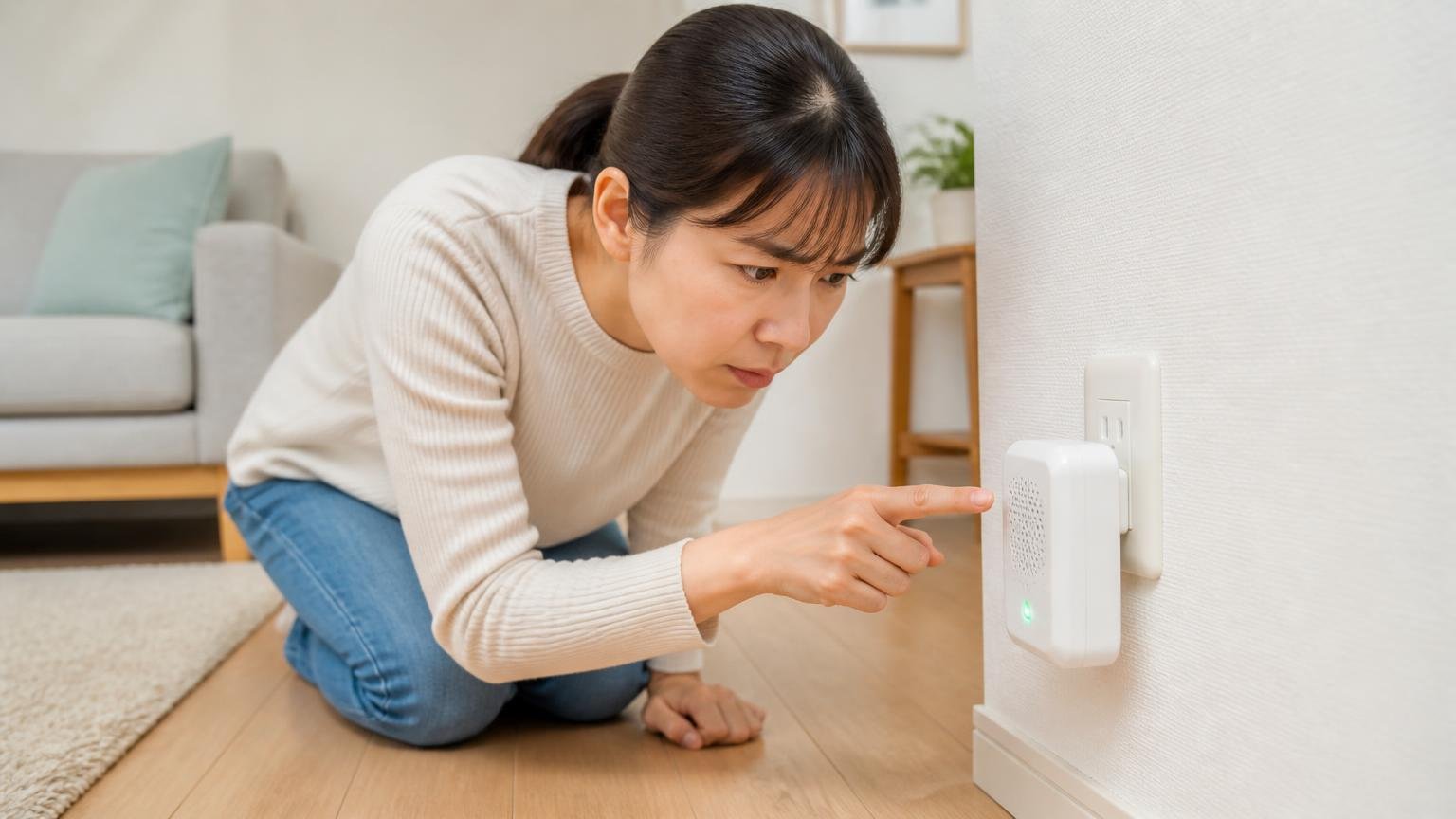 効かないと思ったとき確認したい3つ｜リビングのコンセント前で女性1人が本体のランプを覗き込む