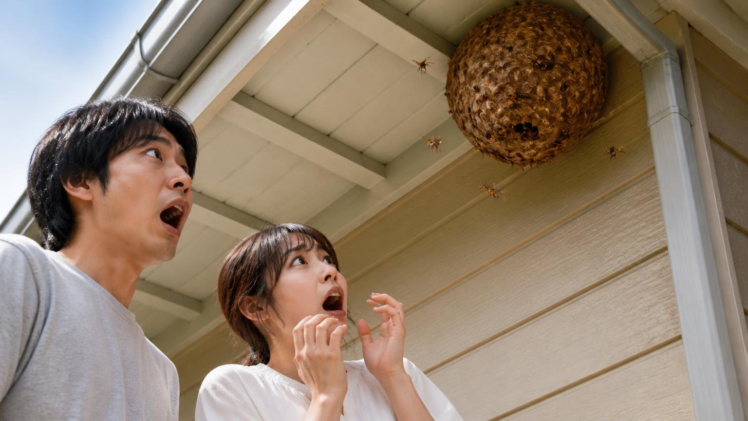 ネズミ以外は許可なく捕まえられない。住宅の軒下を見上げる若い男性1人と女性1人が驚いた表情