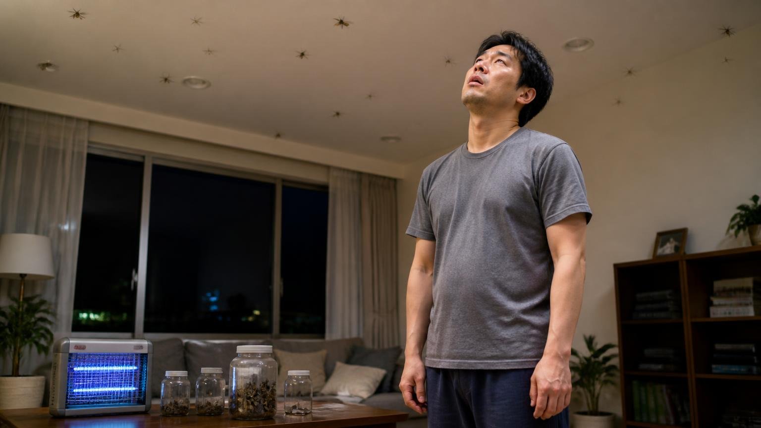 何匹も捕まえましたがまだいます。深夜のリビングで天井を見上げる40代男性1人が肩を落とす