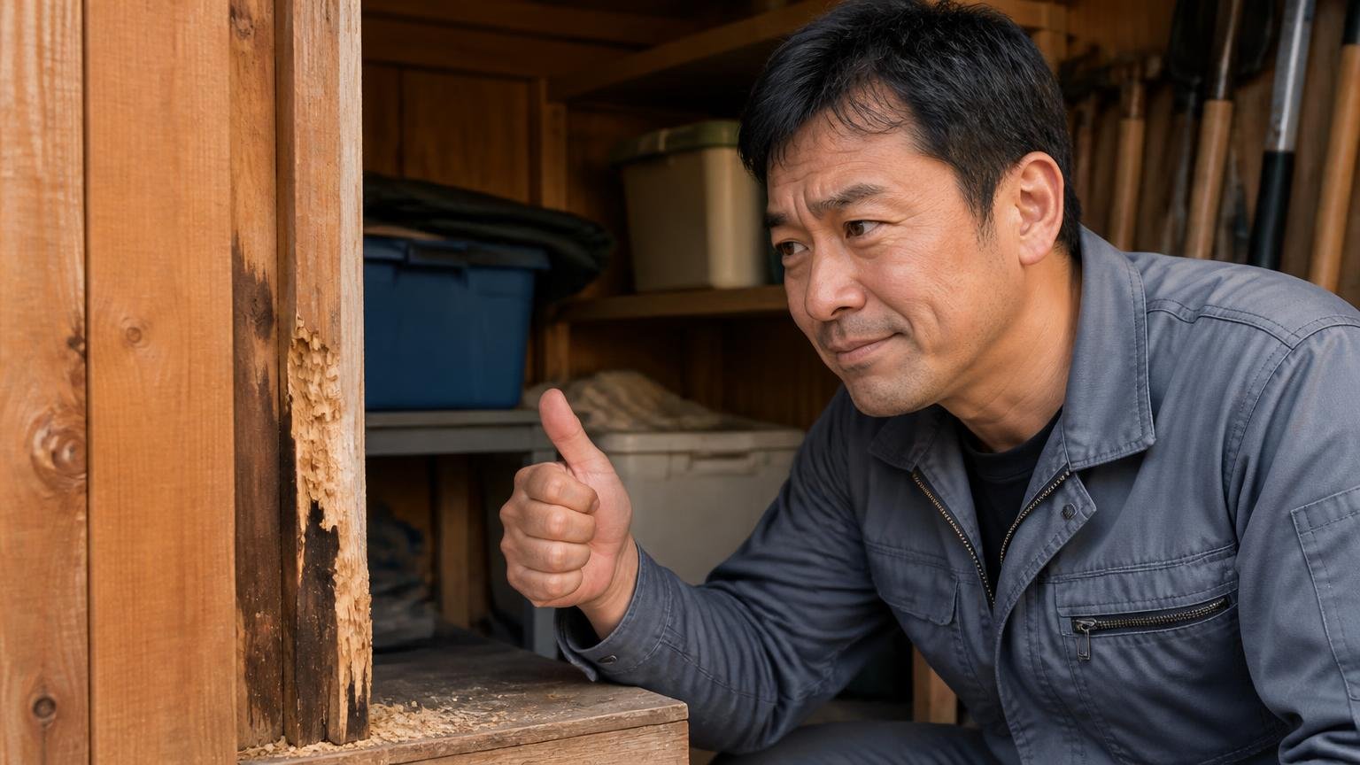 デスモアプロで押し切れる可能性が高い人、木造戸建ての物置で40代男性がかじり跡を確認してうなずく