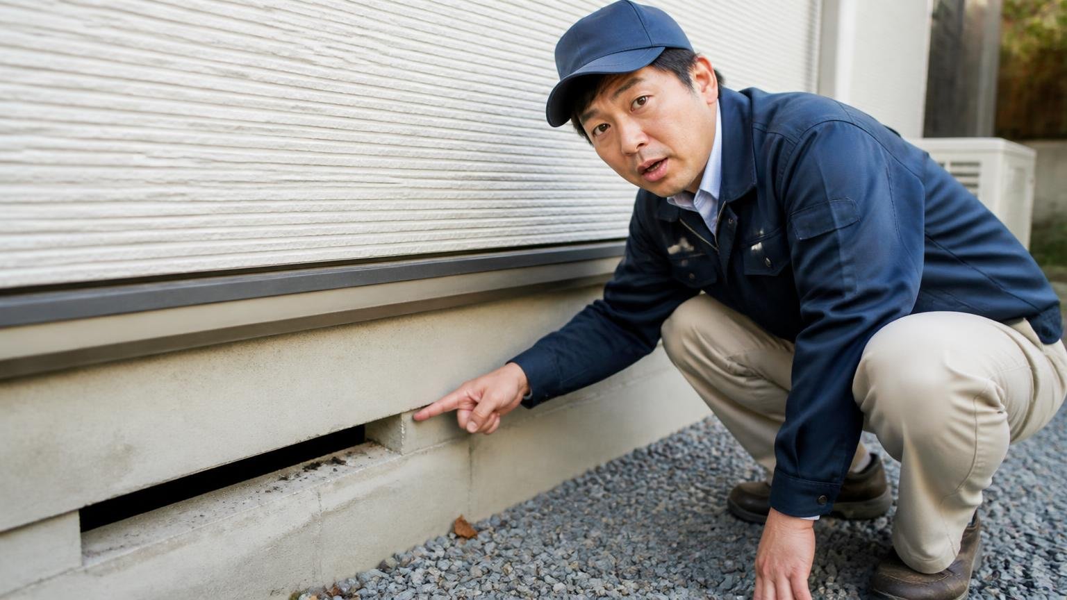 ネズミが通れるすき間はたった1.25cm 家の外壁まわりで点検する場所で 作業員1人が 基礎のすき間を指さして説明