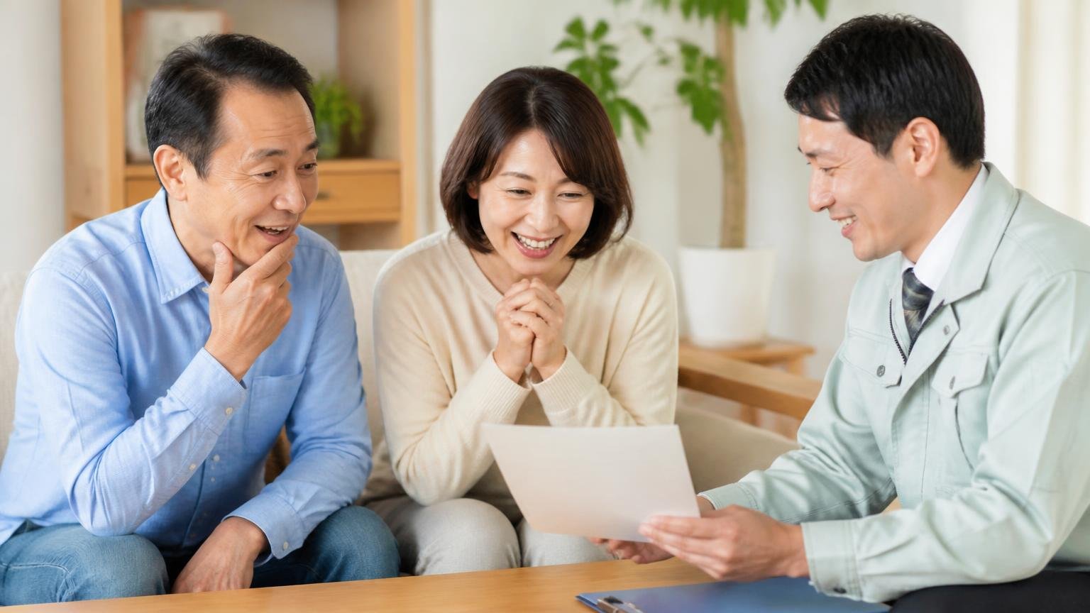 無料調査に対応した害獣駆除業者|リビングで作業員と打ち合わせする夫婦2人が見積書を見て安心した表情