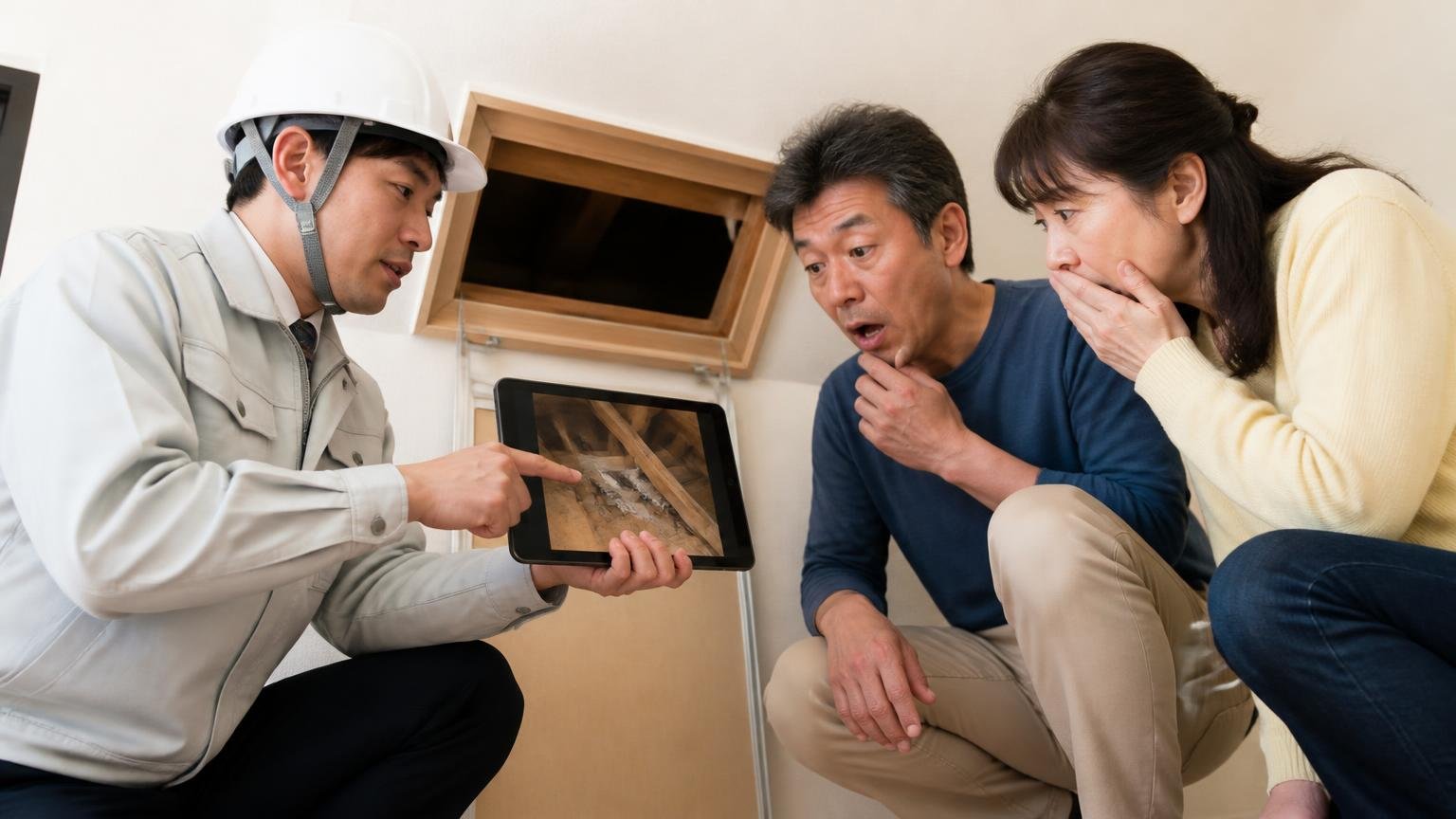 現地調査で侵入口を写真で見せるか|天井裏の点検口前でタブレットの写真を見せる作業員と住人2人