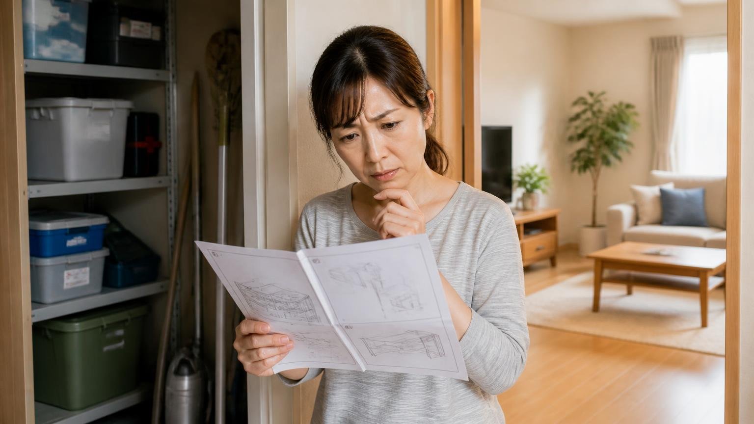 使う場所を間違えているケースを確認する場面 住宅の物置と居間の境目に立つ 40代女性が説明書を読み込む