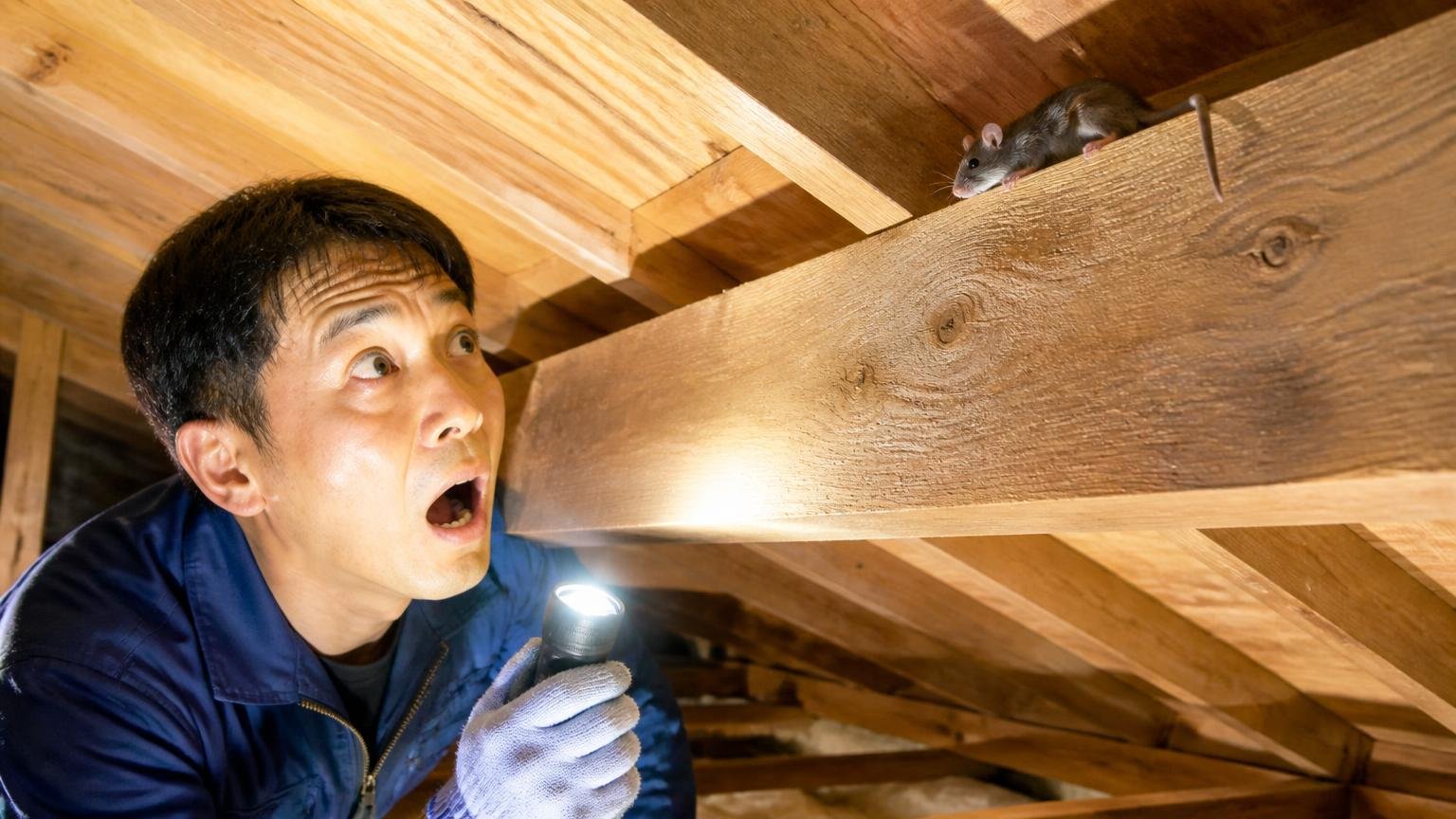住宅の被害の9割以上がクマネズミだと知る場面 木造戸建ての天井裏で梁を見上げる40代男性1人 驚いた表情