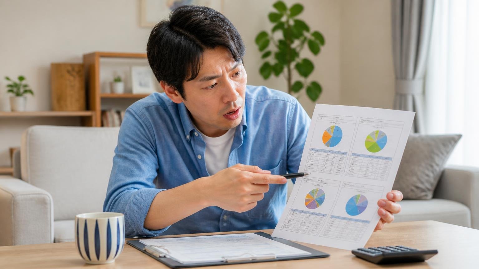 料金の内訳を4分割で聞く リビングで見積書を4項目に分けて確認する住人1名 ペンで指しながら質問