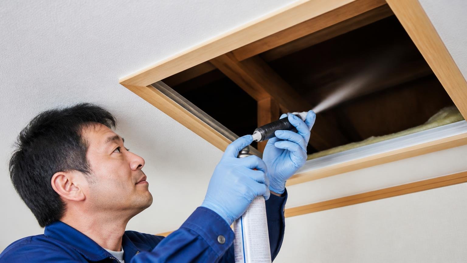 向いている人・木造戸建ての天井裏の点検口・住人1人・すき間ノズルを差し込んで落ち着いて噴射する
