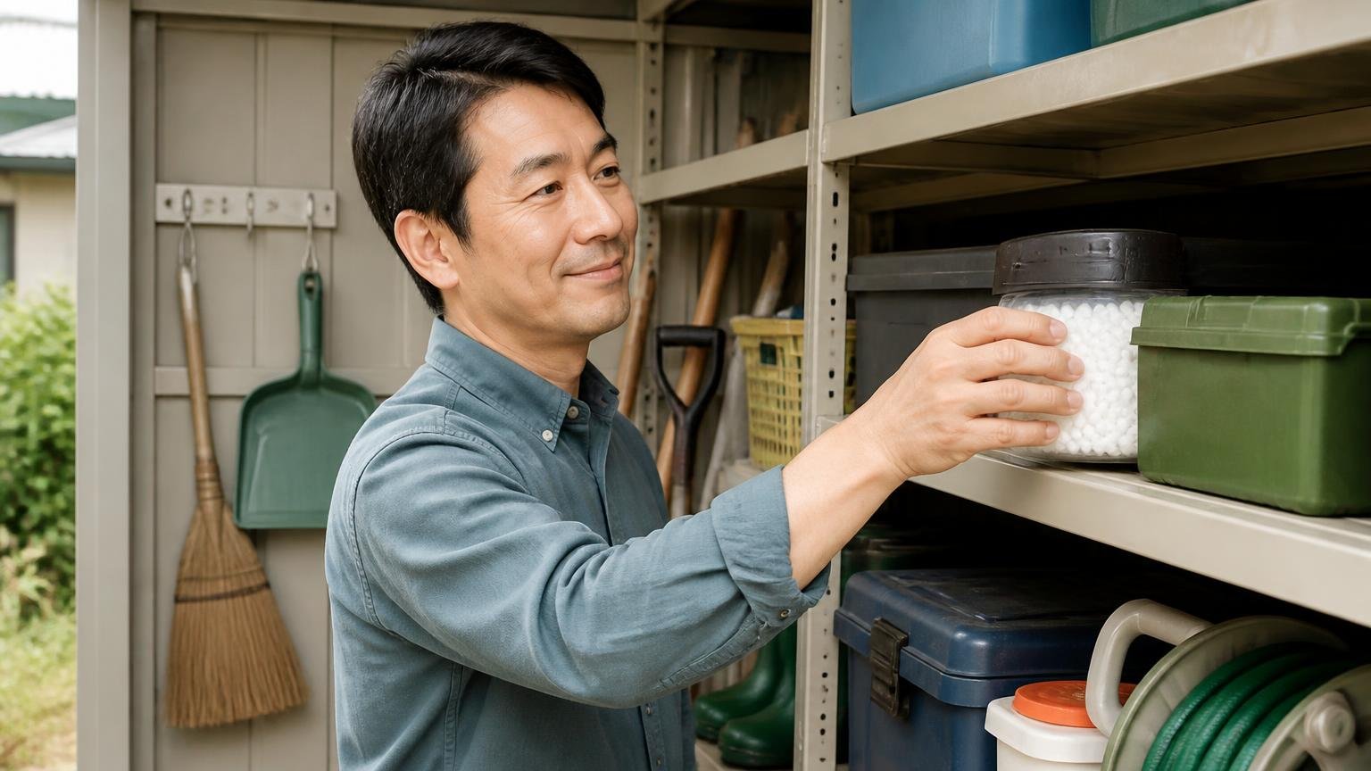 物置に予防で忌避剤を置く場面 住宅の裏手の物置 40代男性が棚に容器を置き前向きな表情