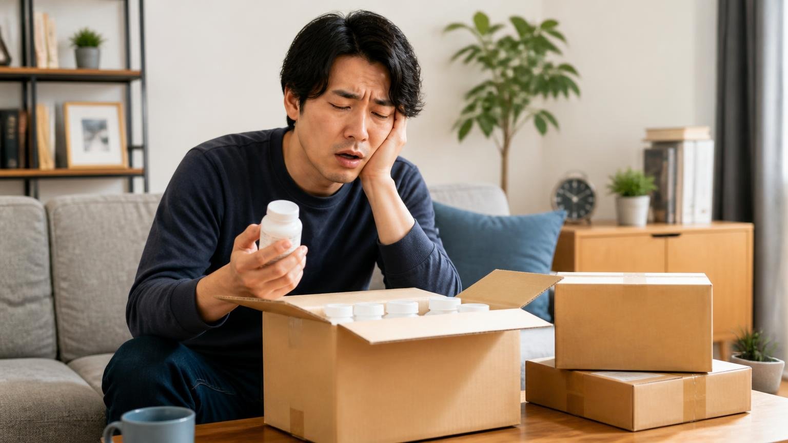 効いたのに定期的に買い足す生活。リビングで通販の箱を開ける男性1人がため息をつく表情