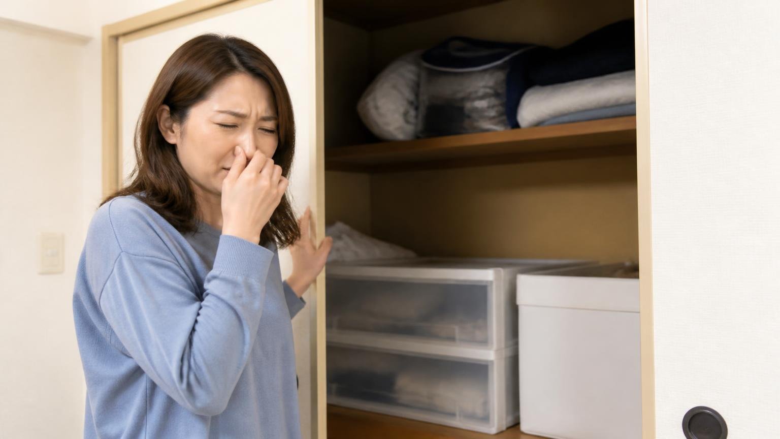 死骸の場所が分からない副作用。住宅の押し入れを開けた30代女性が鼻を押さえて顔をしかめている