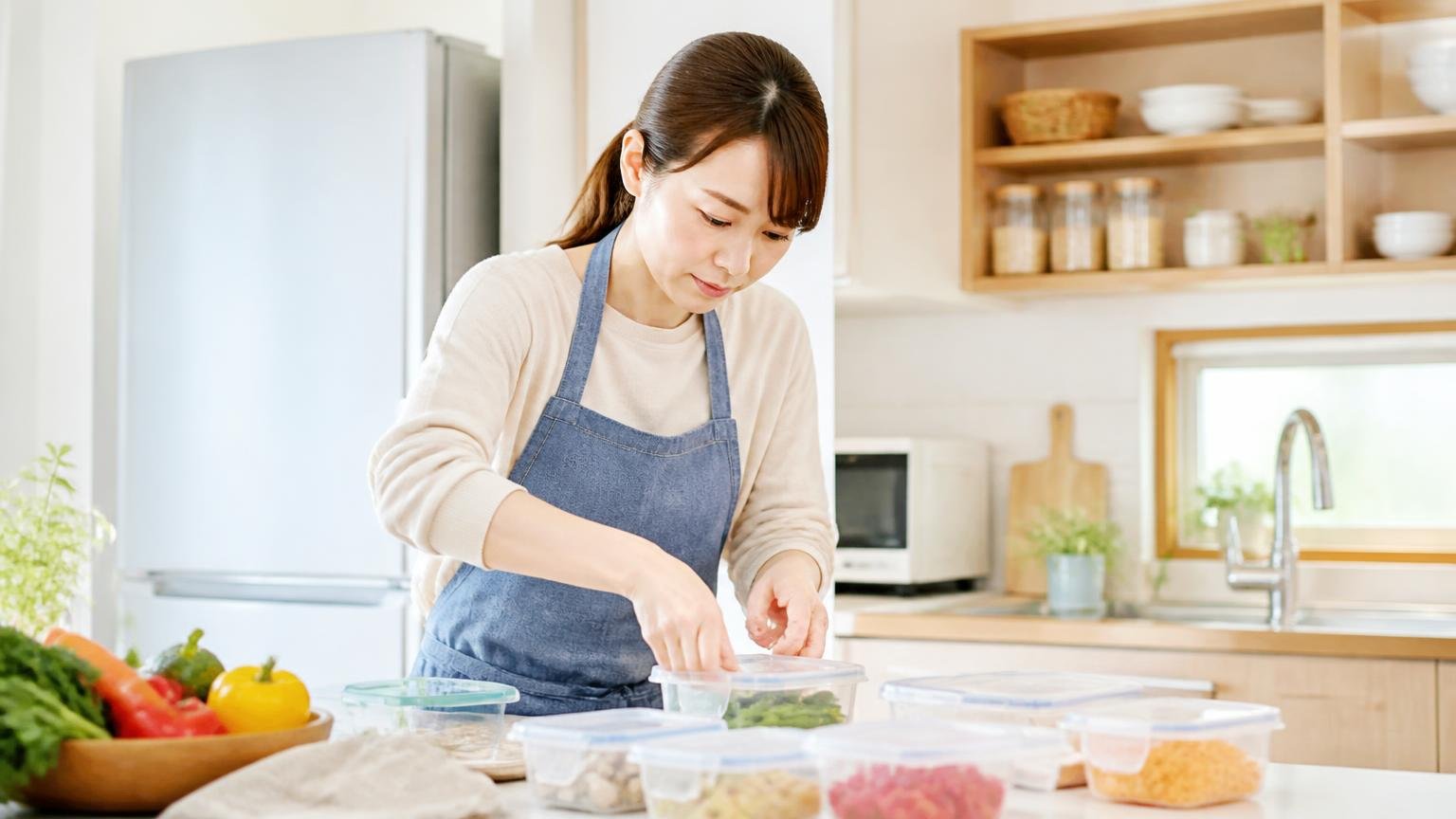 自分で様子を見ていい段階。明るいキッチンで食品を密閉容器にしまう30代女性が真剣な表情