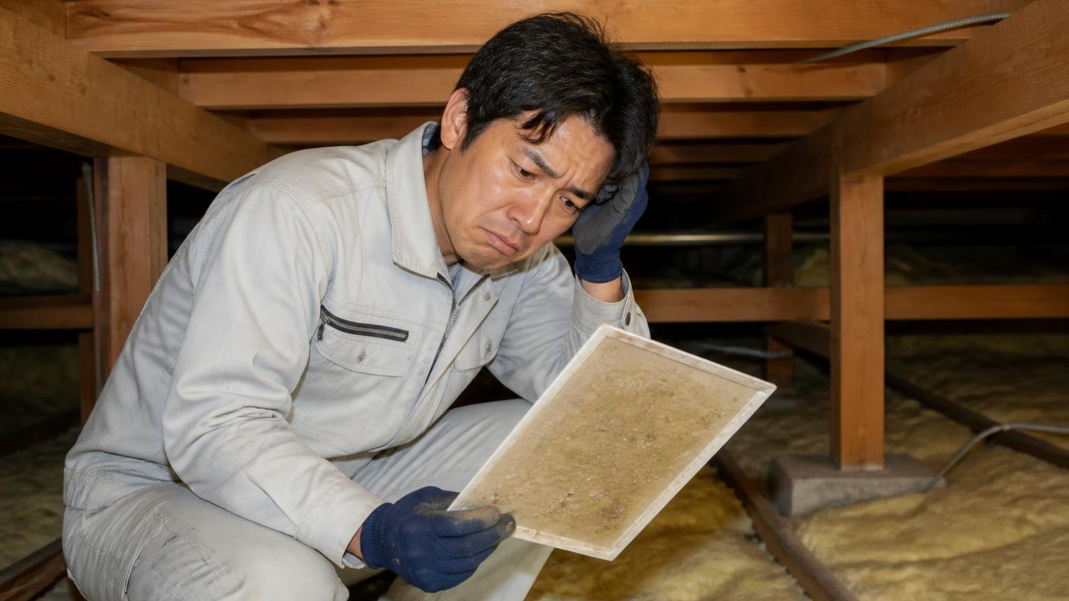 クマネズミには薬剤も罠もあまり有効でない|木造戸建ての天井裏で粘着トラップを確認する|作業着の男性1人|空のトラップを見て肩を落とす
