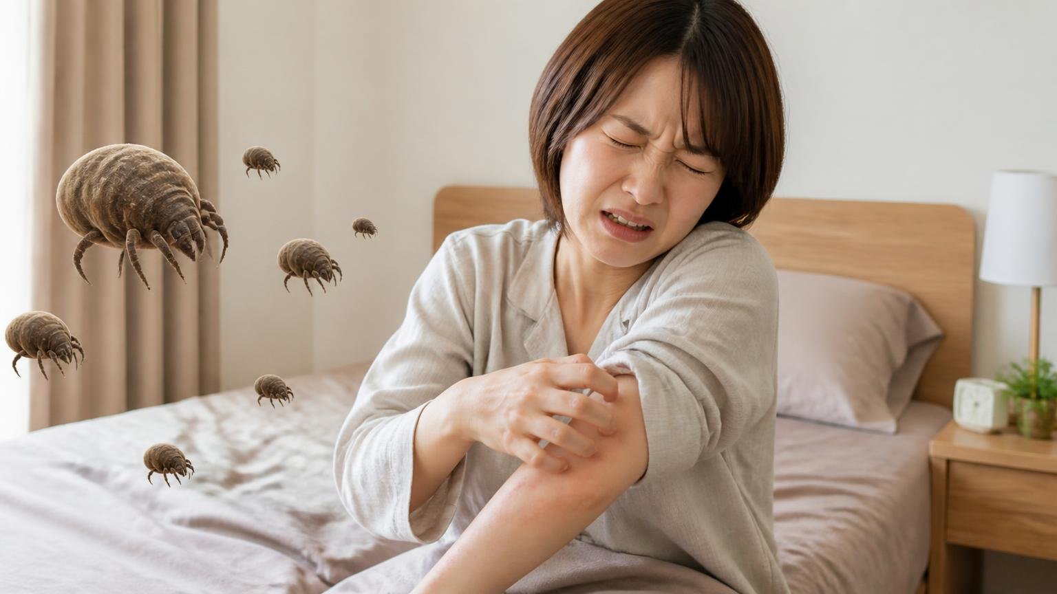 ねずみがいなくなるとダニは人を刺しに来る、住宅の寝室、腕をかく女性1人、かゆみに顔をしかめる