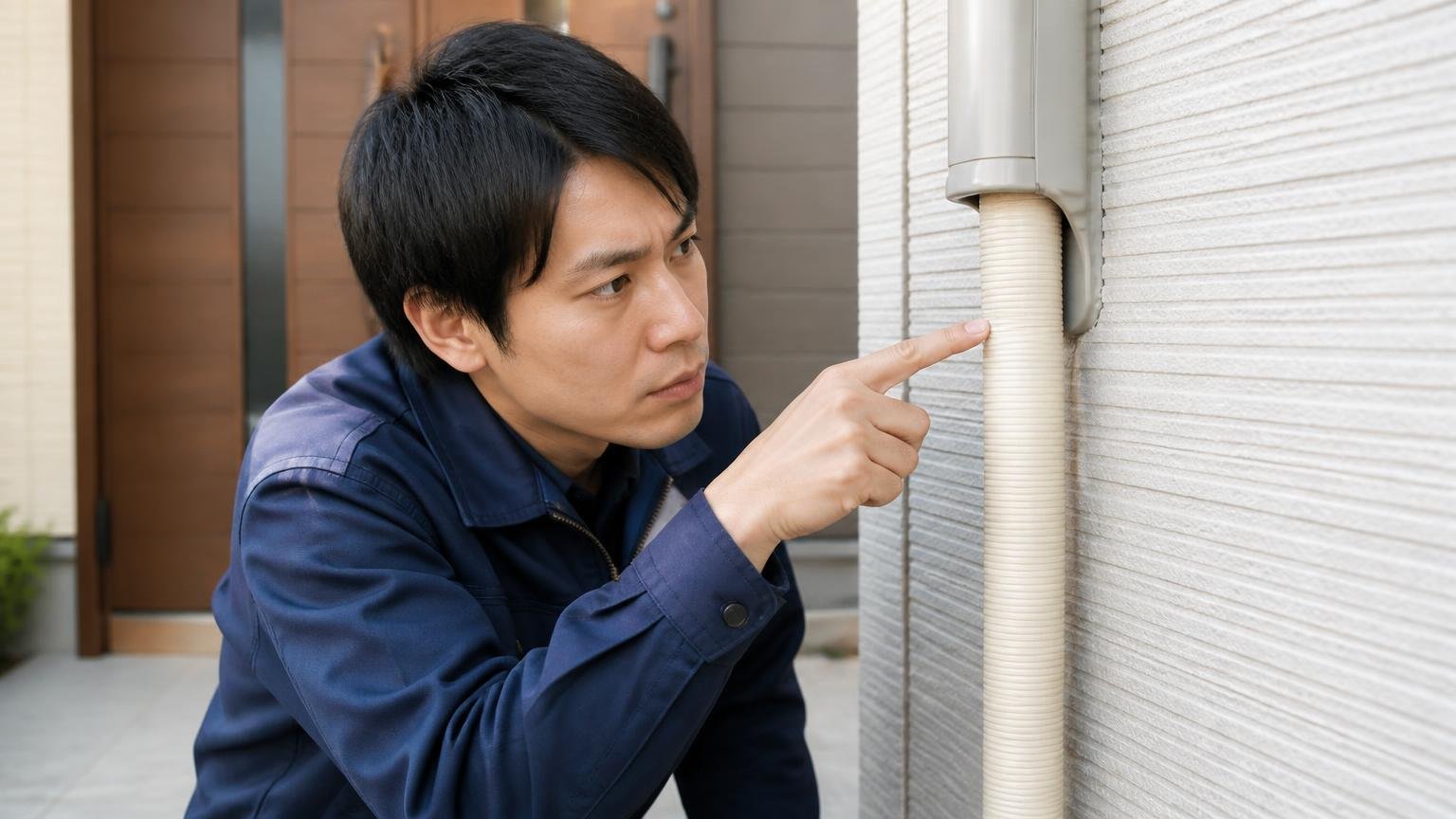 向いている人の条件 住宅の玄関前で20代男性がエアコン配管のすき間を指さし真剣に確認する
