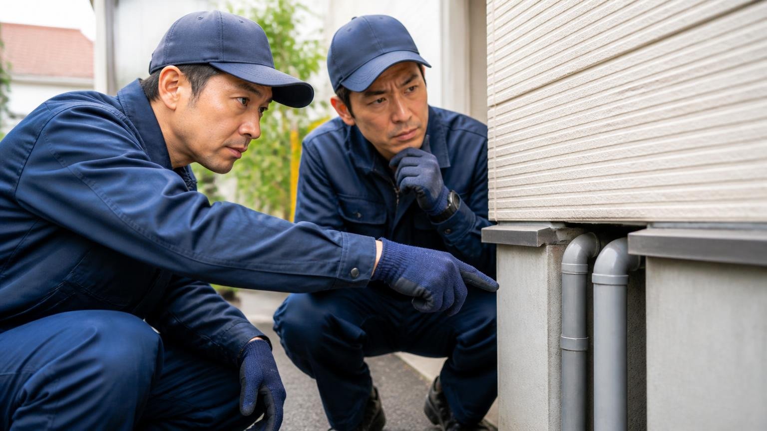 侵入口は自分で見つけられるのか 家の外壁まわりで点検 作業員2人 配管の隙間を指さし真剣な表情