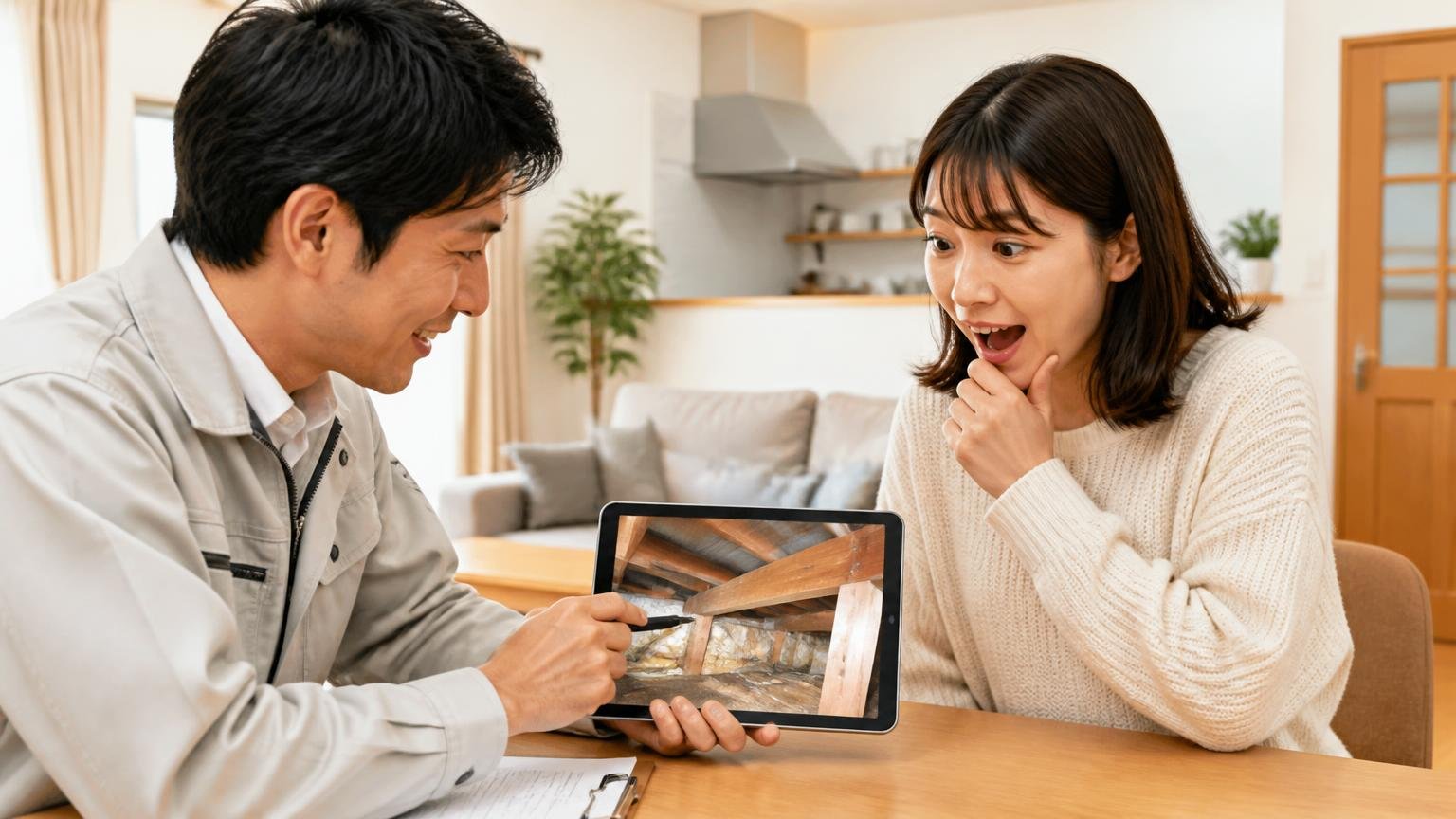 無料調査を受けたほうがいい人。木造戸建てのリビングで作業員と天井裏の写真を見る30代女性が納得