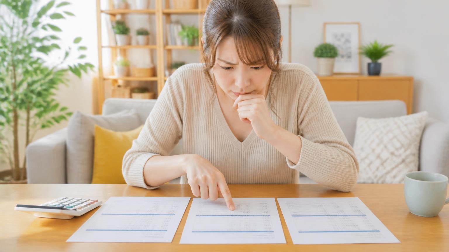 物差し①複数社から無料見積もりを取る。リビングのテーブルで女性1人が複数の見積書を並べて比べる