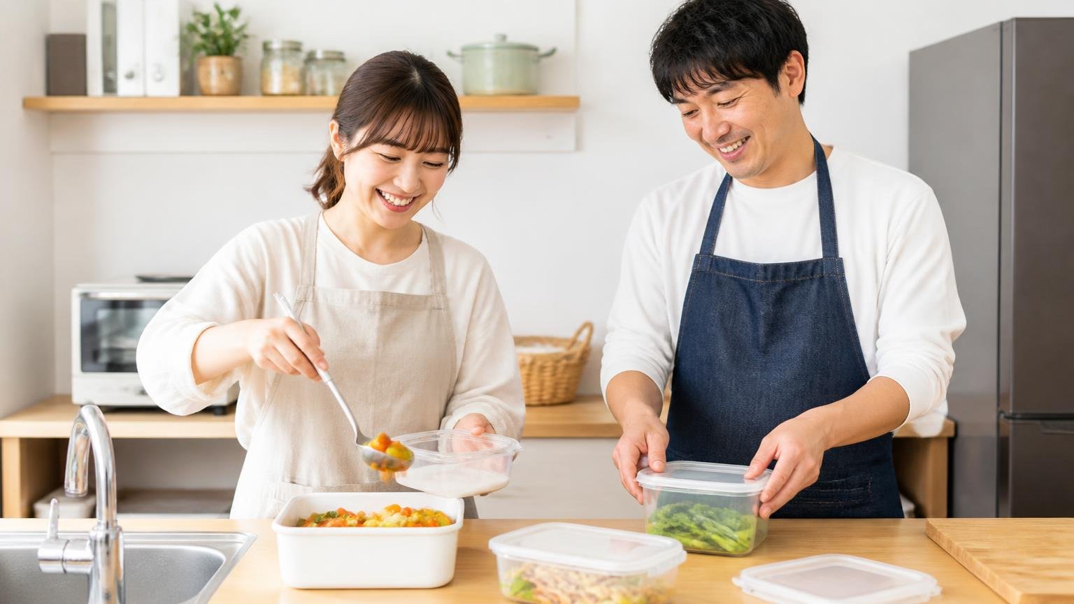 今日から自分でできる3つのこと|住宅のキッチンで食品をふた付き容器に移し替える女性と男性の2人