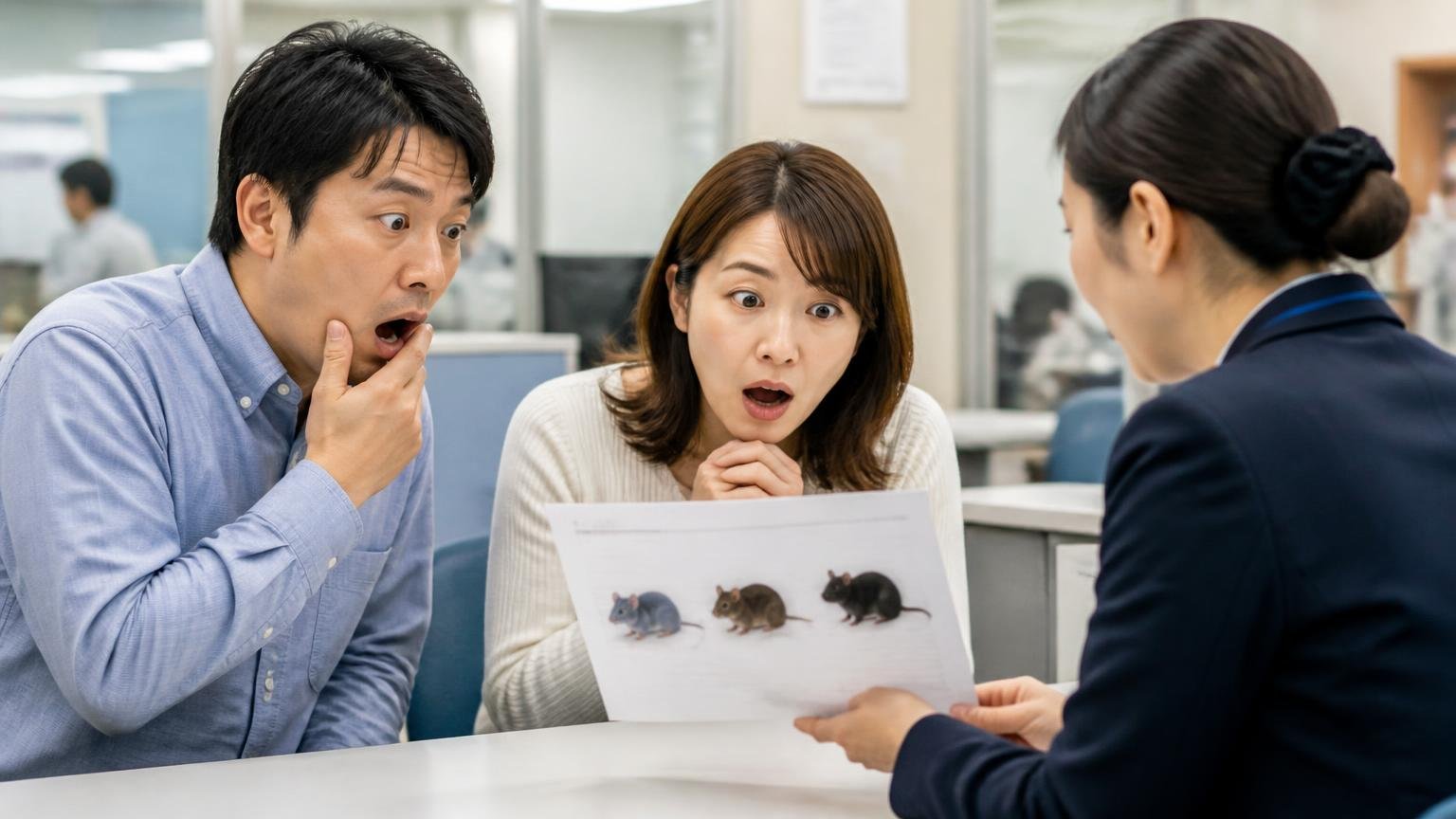 いえねずみ類3種だけが法律の対象外|自治体窓口で書類を見る男女2人が説明を受ける