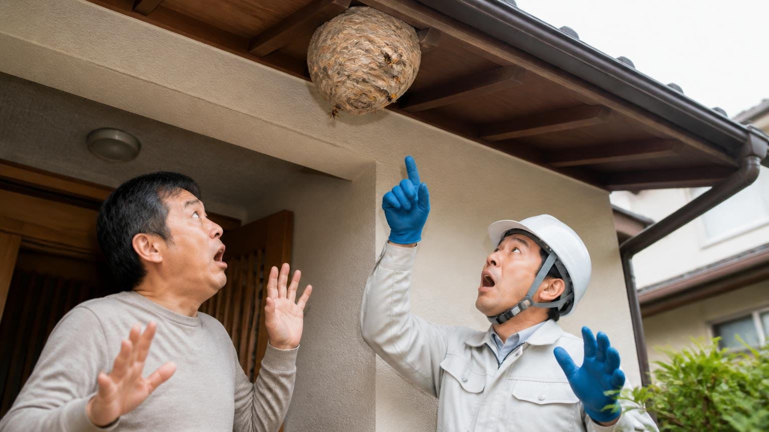相手がネズミ以外。家の軒下を見上げる玄関前で驚く住人と作業員の2人