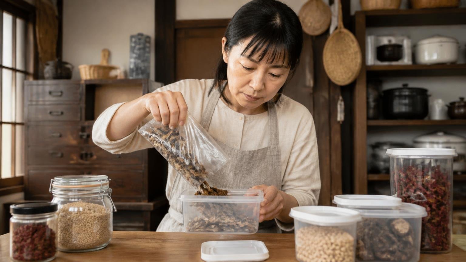 自治体が示す防除の基本はどこも同じ。古民家の台所で女性1人が食品を密閉容器に移し替え真剣な表情