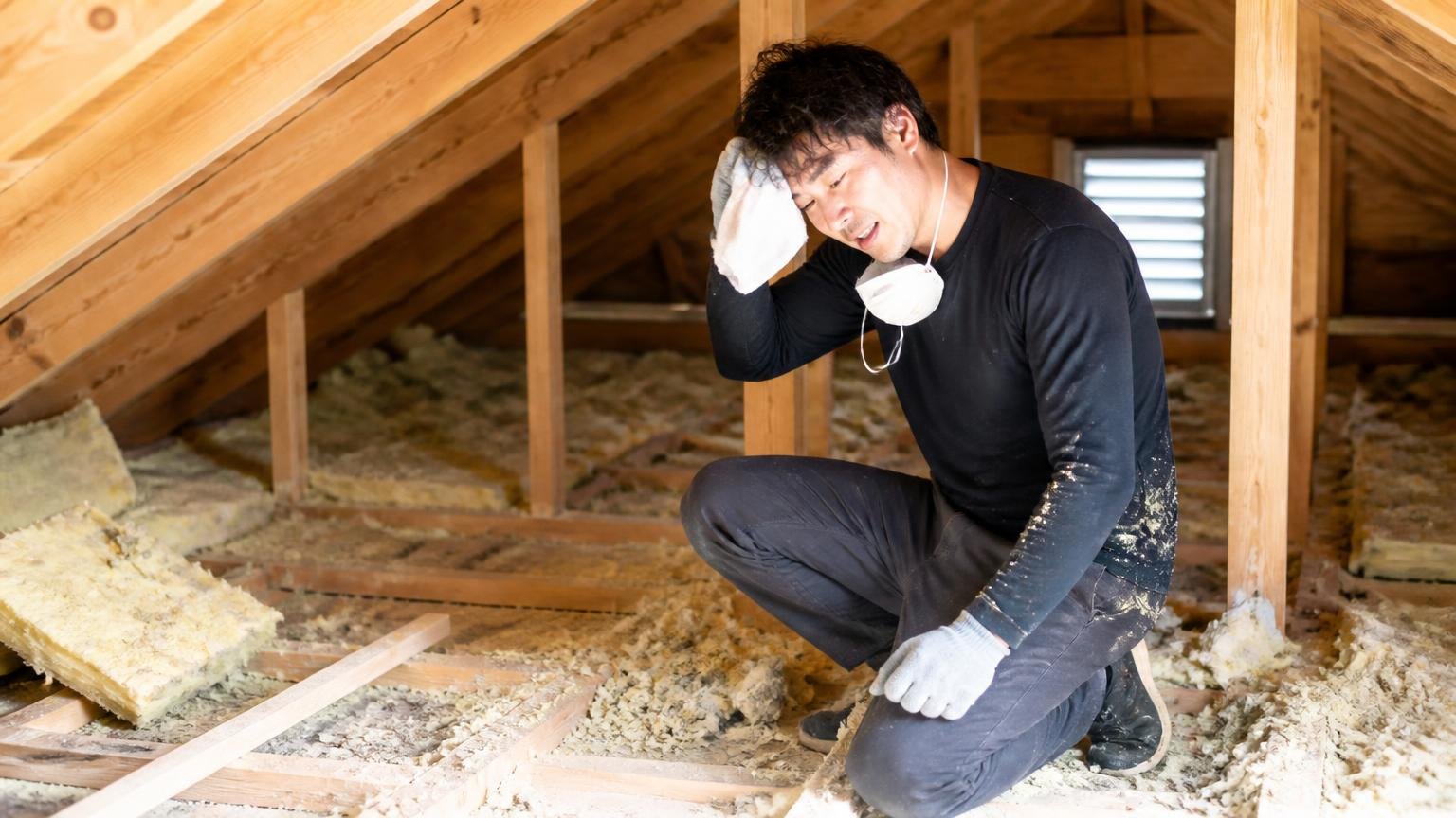 自力でやり切った人のリアルな記録 木造戸建ての天井裏 男性1人がマスクと手袋で断熱材を撤去し汗をぬぐう