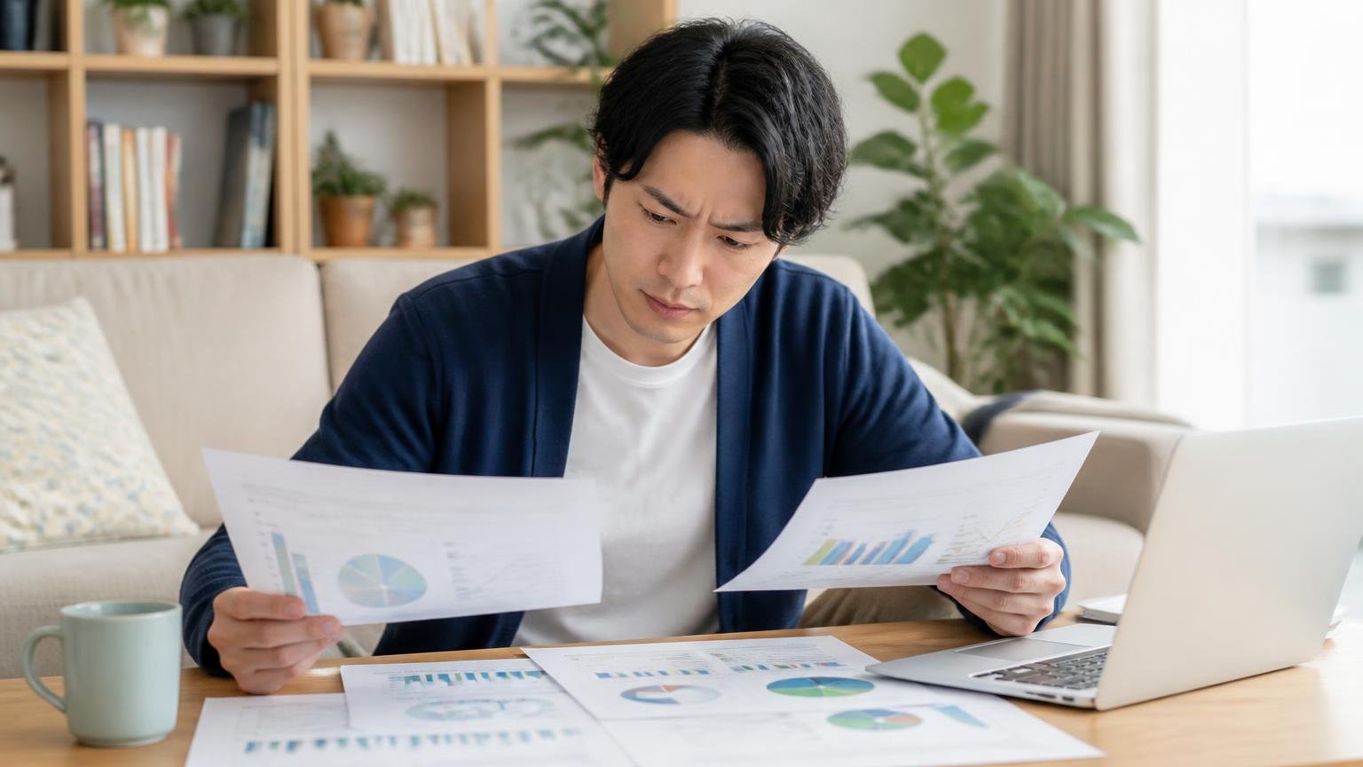 他も見たほうがいい人 リビングで男性1人が複数の資料を見比べる
