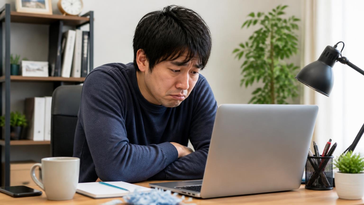 向いていない人の3つの条件。自宅のPCデスクで料金表を探す30代男性が画面を見て肩を落とす