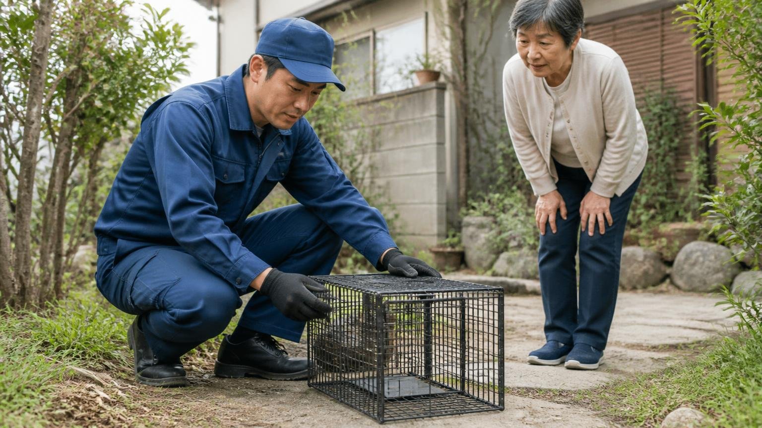 自治体の無料わな設置と条件|住宅の庭先で作業服の男性が箱わなを設置し60代女性が見守る