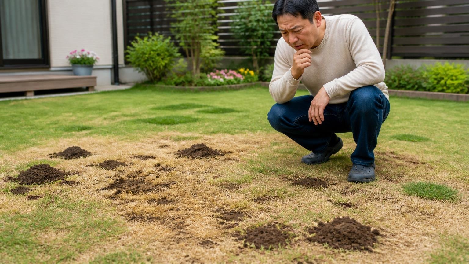 モグラ塚の土が芝生を覆い枯れる原因になる|芝生の庭で茶色く枯れた部分をしゃがんで見る住人1人