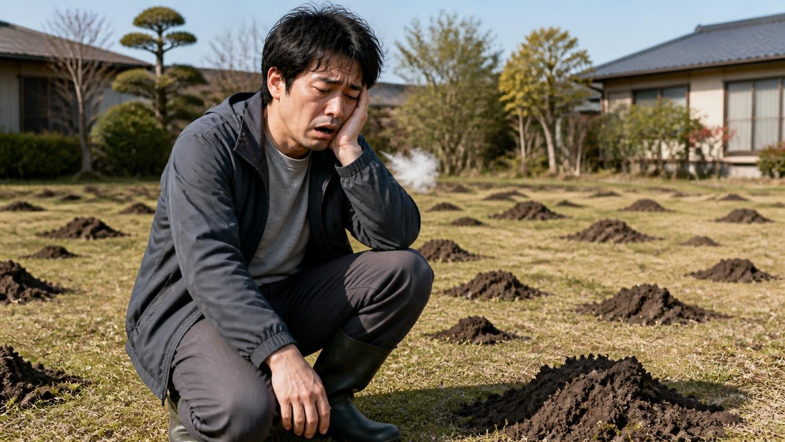 唐辛子だけでは厳しい人5つのサイン、モグラ塚が点在する広い庭で男性1人が肩を落としため息