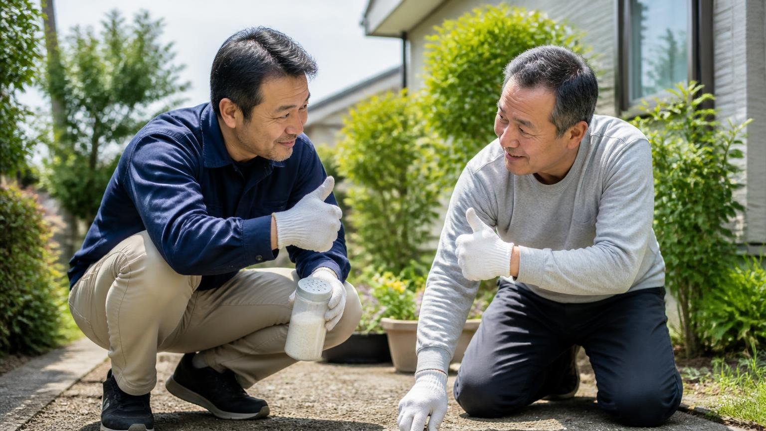 忌避剤をまくのは自己防衛策 あなたの順番は正しい 庭先 男性2人 うなずき合って安心する